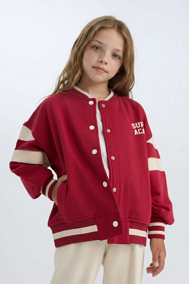 DeFacto Red Girl Girl College Collar Printed Snap Closure Soft Furry Inside Bomber Jacket Casual - Image 1